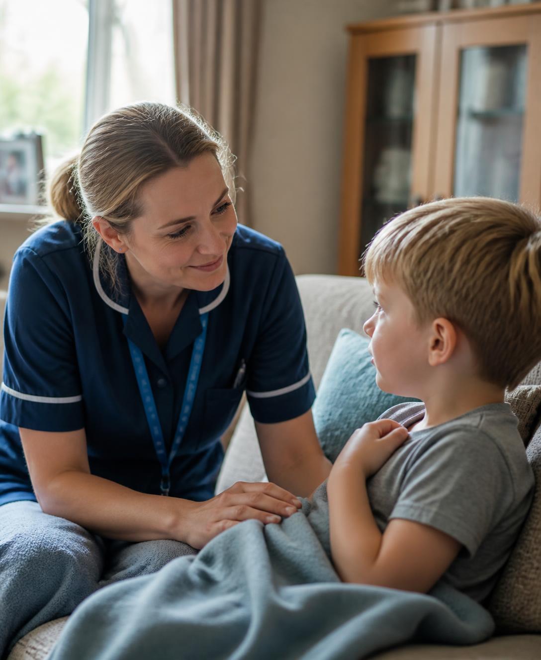 A home health nurse gently checking on a young child resting on a sofa at home